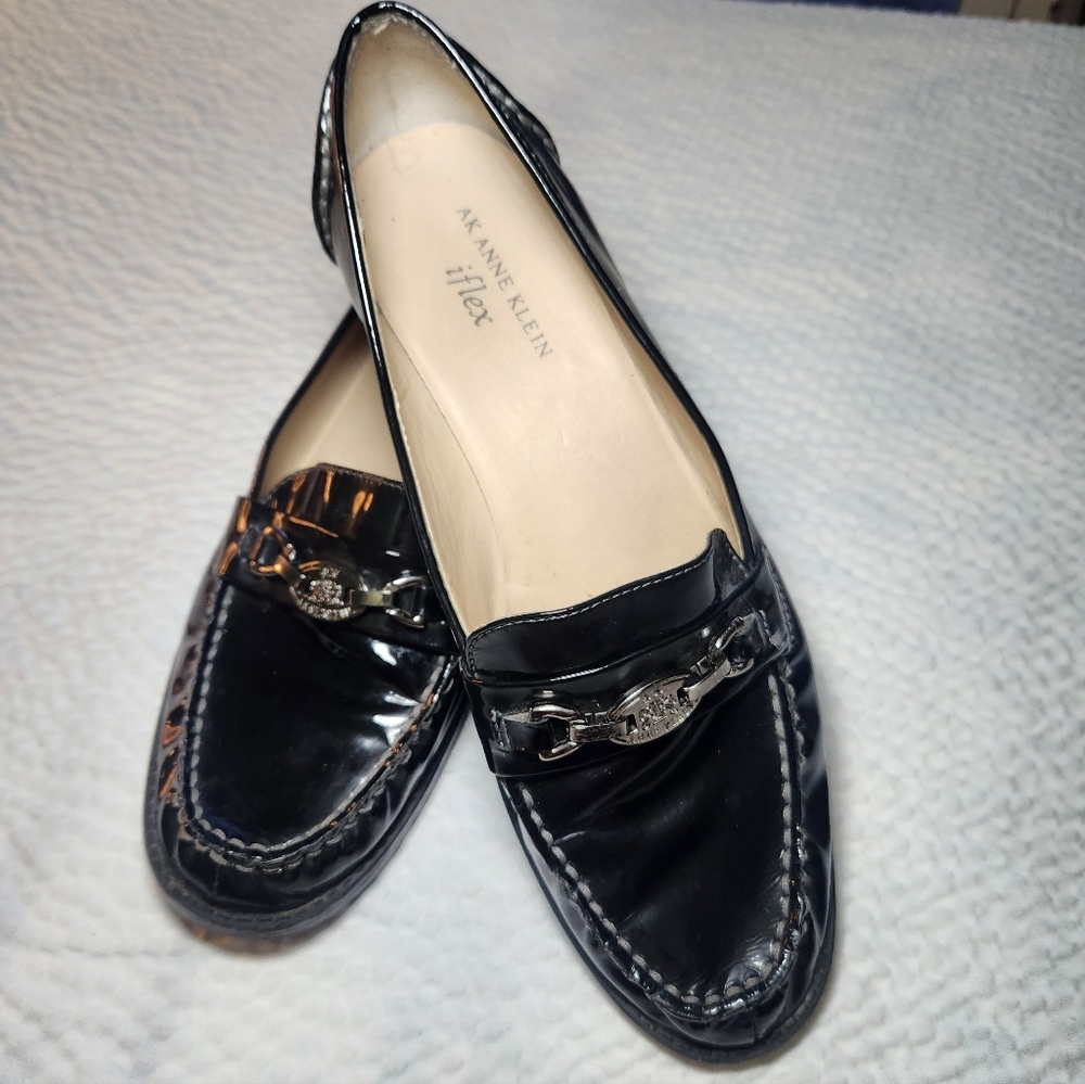 Anne Klein Shiny Black Loafers with Silver Accent